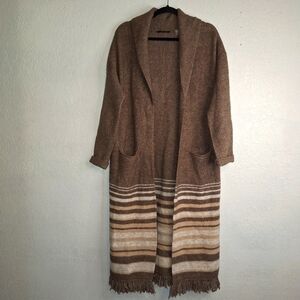 Tahari Longline Fringe Blanket Cardigan In Neutral Combo Medium